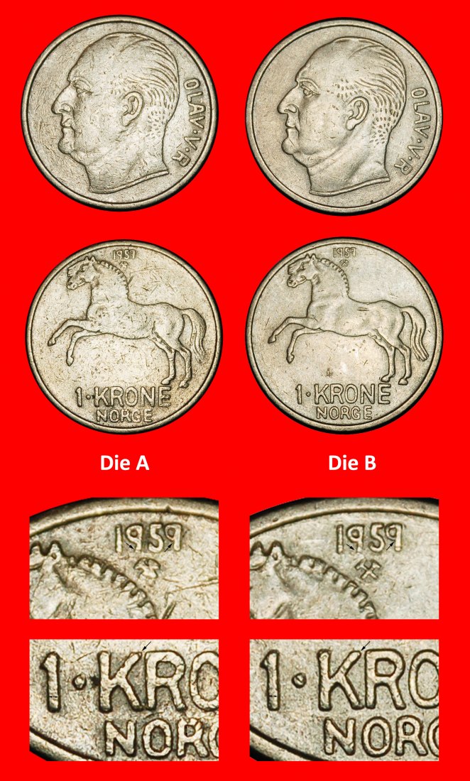  Ⰶ PFERD (1958-1973): NORWEGEN ★ 1 KRONE 1959 2 ENTDECKUNG MÜNZE! OLAV V. (1957-1991)★OHNE VORBEHALT!   