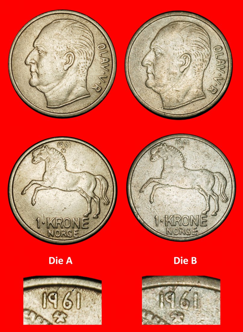  Ⰶ HORSE (1958-1973): NORWAY★1 CROWN 1961 2 DISCOVERY COINS! OLAV V 1957-1991★LOW START ★ NO RESERVE!   