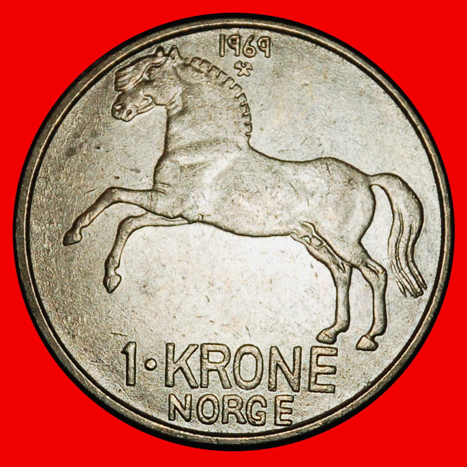 Ⰶ PFERD (1958-1973): NORWEGEN ★ 1 KRONE 1969 STEMPEL I! OLAV V. (1957-1991)★ OHNE VORBEHALT!