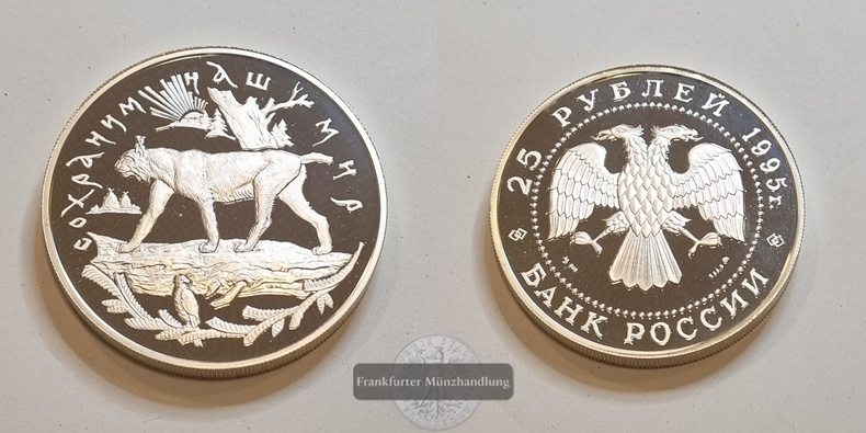  Russland 25 Rubel 1995 Luchs FM-Frankfurt Feinsilber: 155,96g   