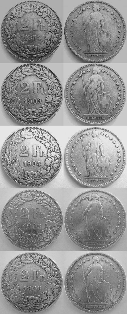  Schweiz 2 Franken 1894, 1903, 1904, 1905, 1906, Ag .835, gesamt 50 g   