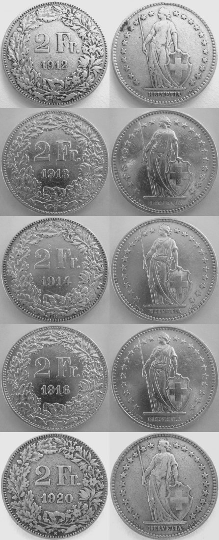  Schweiz 2 Franken 1912, 1913, 1914, 1916, 1920, Ag .835, gesamt 50 g   