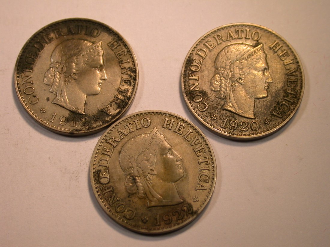  J22   Schweiz  10 Rappen 1912,1920 und 1922  ss, angelaufen  3 Münzen   Originalbilder   