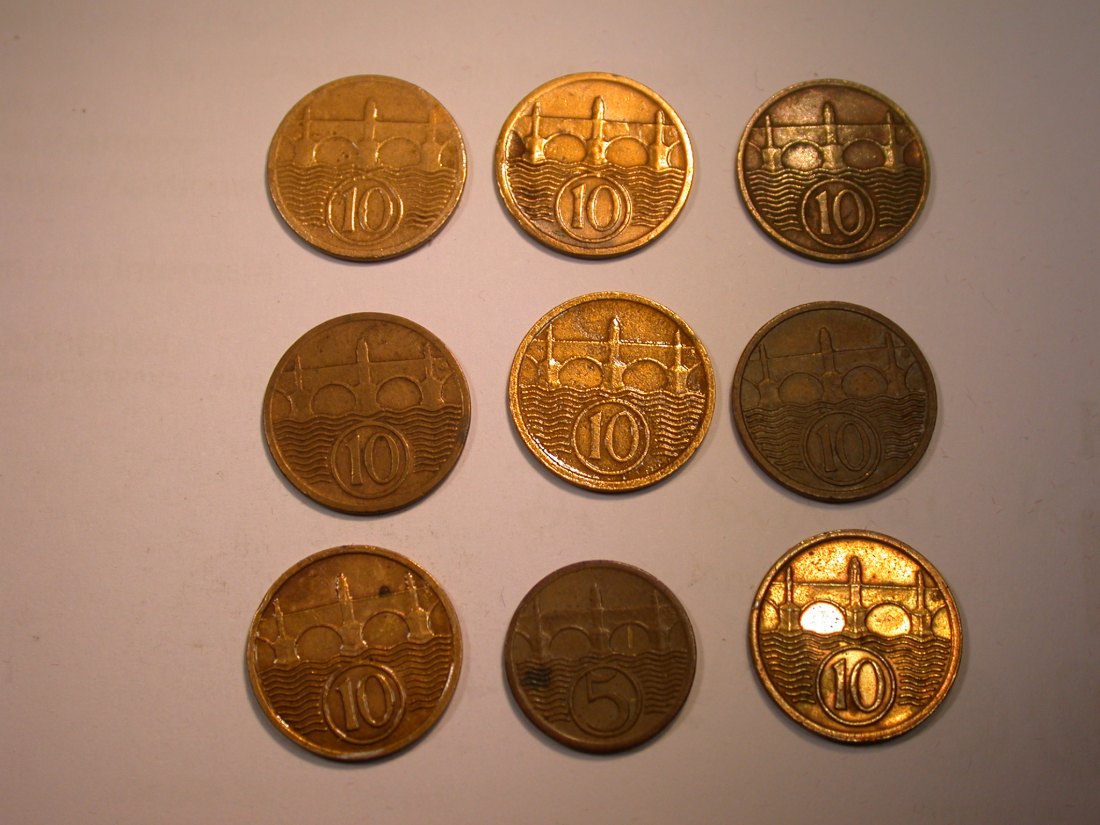 J22 CSSR 5 Heller 29, 10 Heller 1922 3x, 1923-1935 ges. 9 Münzen ss, teilw. zap Originalbilder