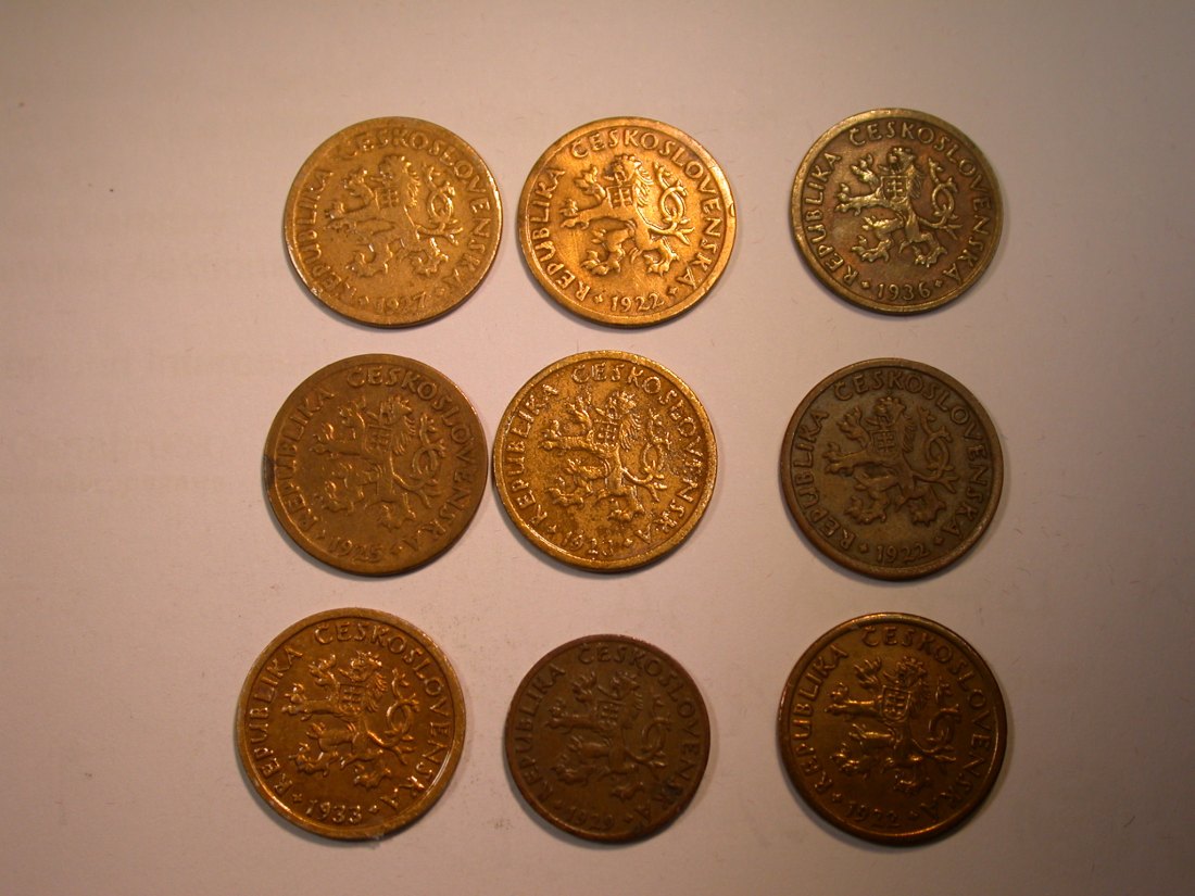  J22  CSSR  5 Heller 29, 10 Heller 1922 3x, 1923-1935   ges. 9 Münzen ss, teilw. zap  Originalbilder   