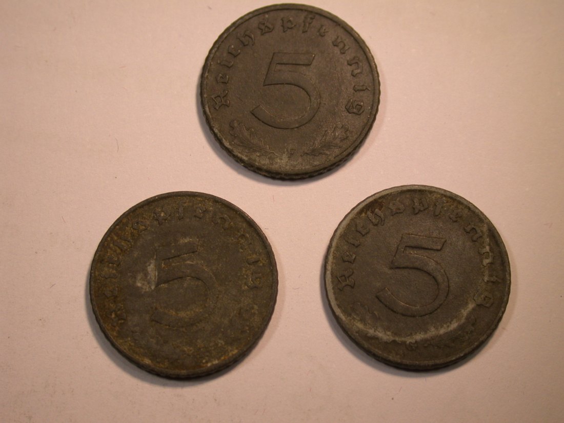 J22 3.Reich 5 Pfennig 1941 F, 42 G und 43 E in m. ss 3 Münzen Originalbilder