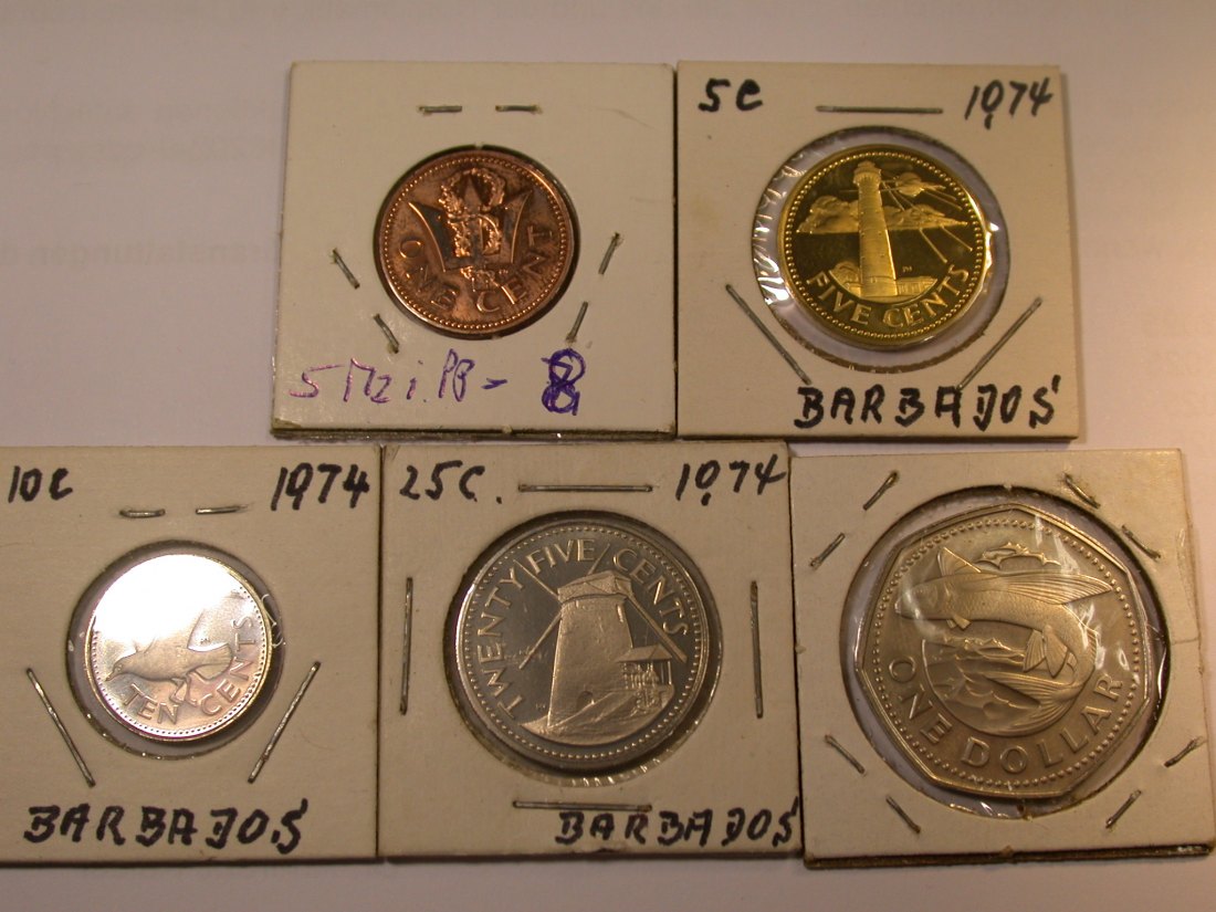J23 Barbados 1, 5, 10 und 25 Cents und 1 Dollar 1974 in PP Proof 5 Münzen Originalbilder