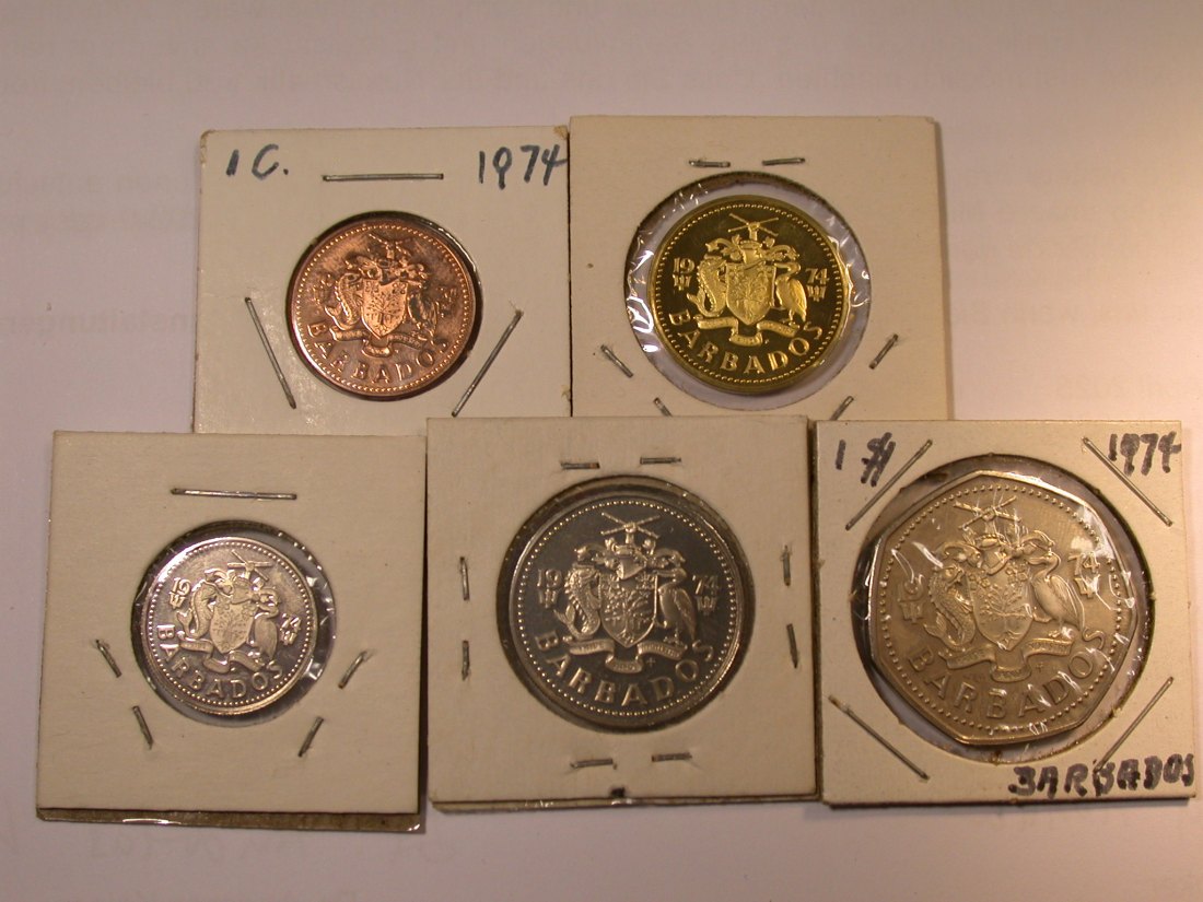  J23 Barbados  1, 5, 10 und 25 Cents und 1 Dollar 1974 in PP Proof  5 Münzen    Originalbilder   