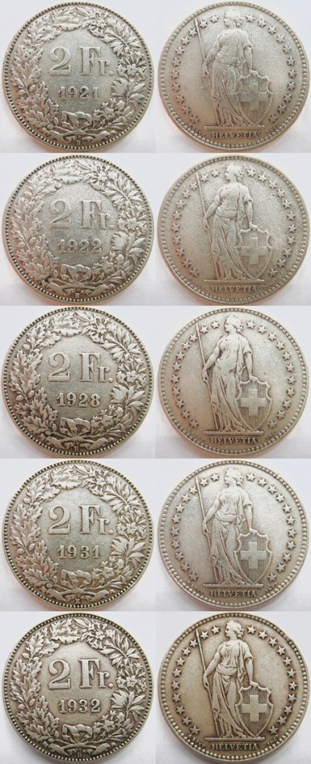  Schweiz 2 Franken 1921, 1922, 1928, 1931, 1932, Ag .835, gesamt 50 g   