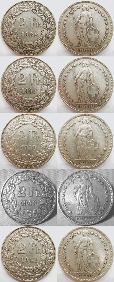  Schweiz 2 Franken 1936, 1937, 1939, 1940, 1941, Ag .835, gesamt 50 g   