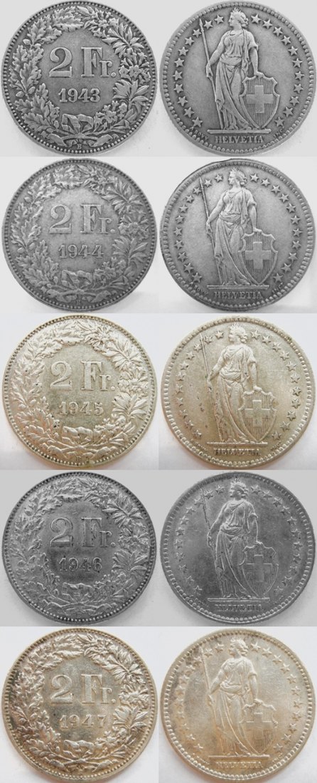  Schweiz 2 Franken 1943, 1944, 1945, 1946, 1947 , Ag .835, gesamt 50 g   