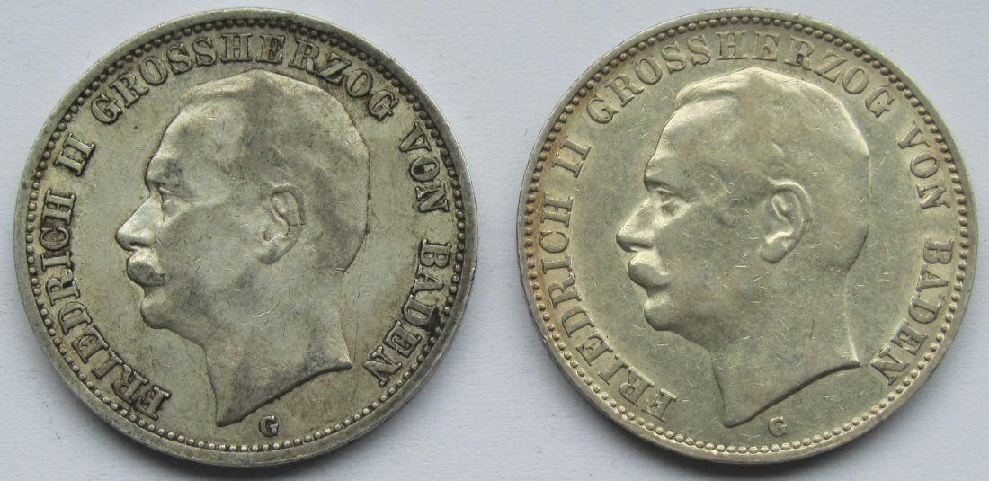  Kaiserreich: Baden, 3 Mark Friedrich II. (Jaeger 39), 2 Stück (1911 + 1912)   