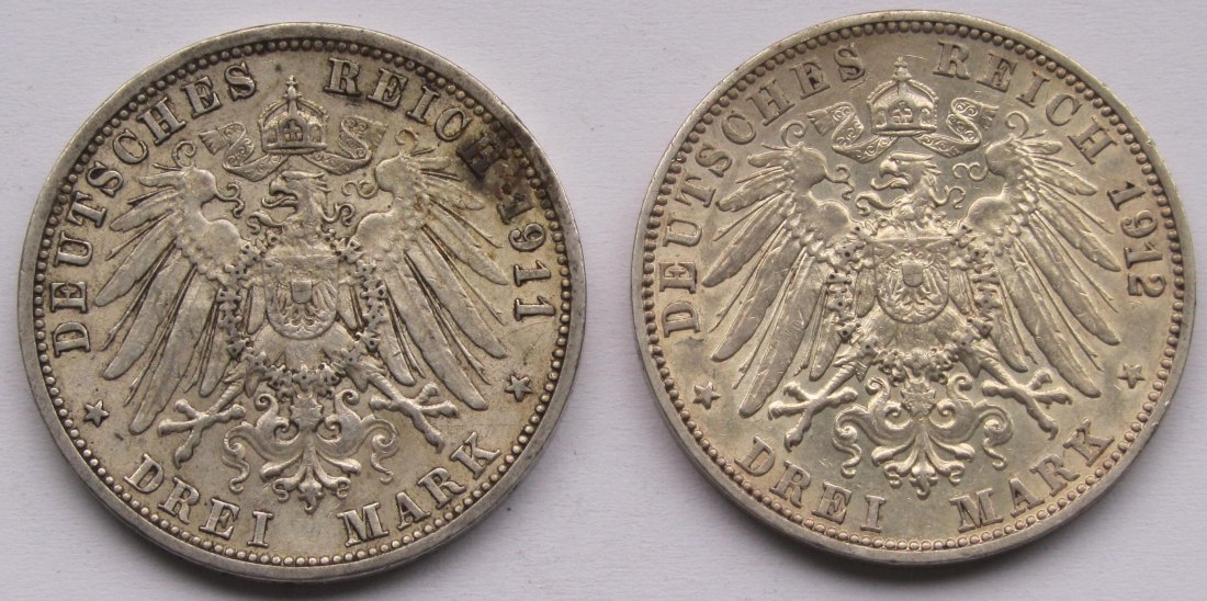 Kaiserreich: Baden, 3 Mark Friedrich II. (Jaeger 39), 2 Stück (1911 + 1912)   