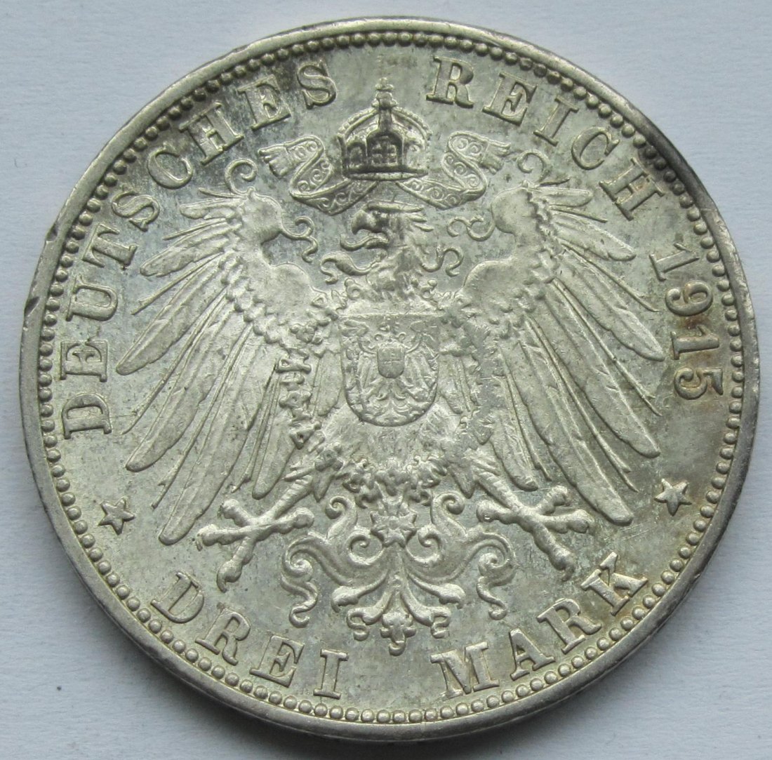  Kaiserreich: Baden, 3 Mark Friedrich II. (Jaeger 39), 1915, seltener Jahrgang   