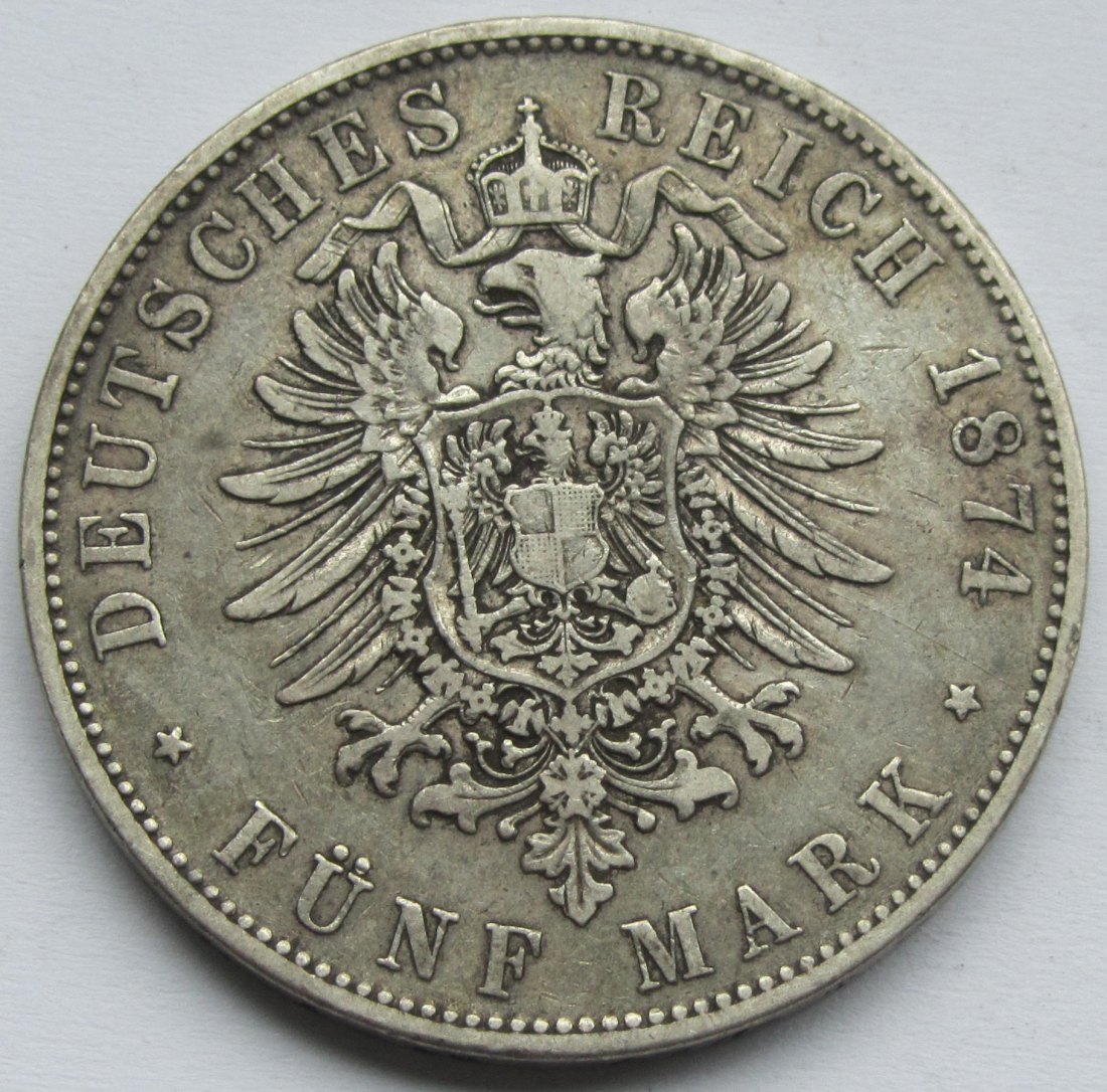  Kaiserreich: Bayern, 5 Mark Ludwig II. (Jaeger 42), 1874   