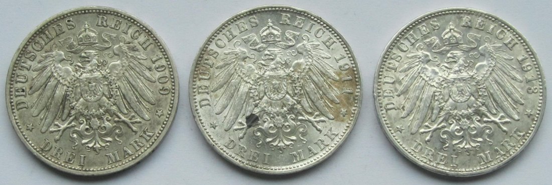  Kaiserreich: Bayern, 3 Mark Otto (Jaeger 47), 3 Stück (1909 + 1911 + 1913)   