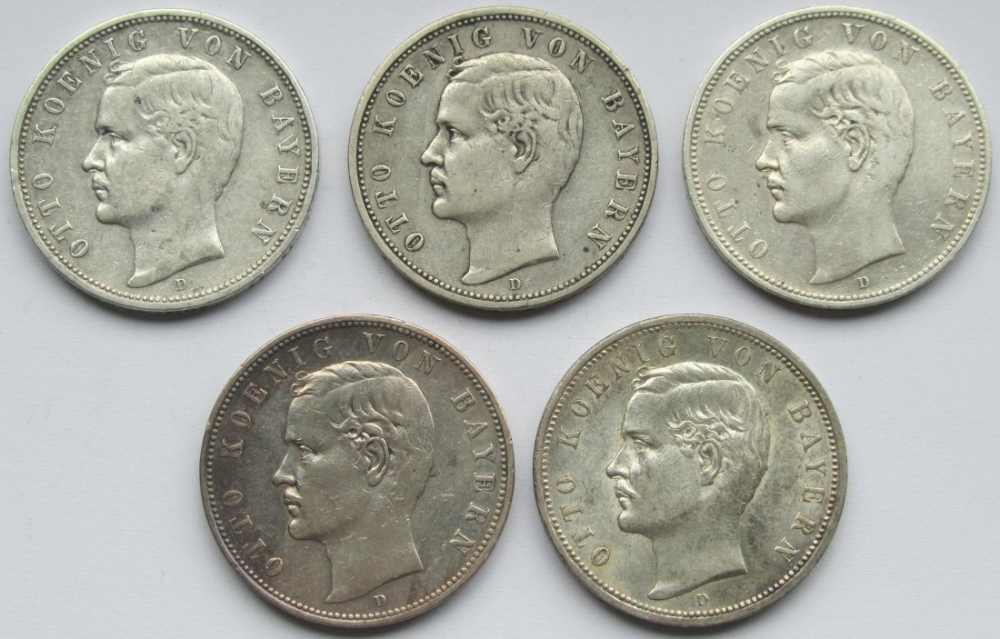  Kaiserreich: Bayern, 5 Mark Otto (Jaeger 46), 5 Stück (1891 + 1894 + 1903 + 1904 + 1913)   