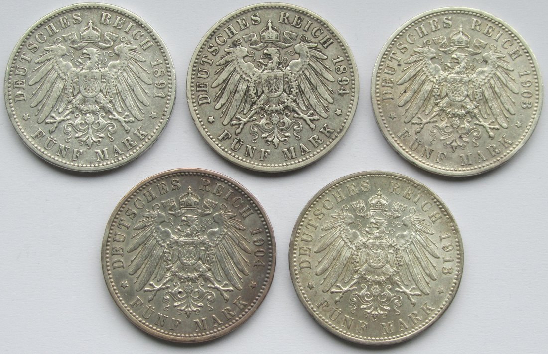  Kaiserreich: Bayern, 5 Mark Otto (Jaeger 46), 5 Stück (1891 + 1894 + 1903 + 1904 + 1913)   