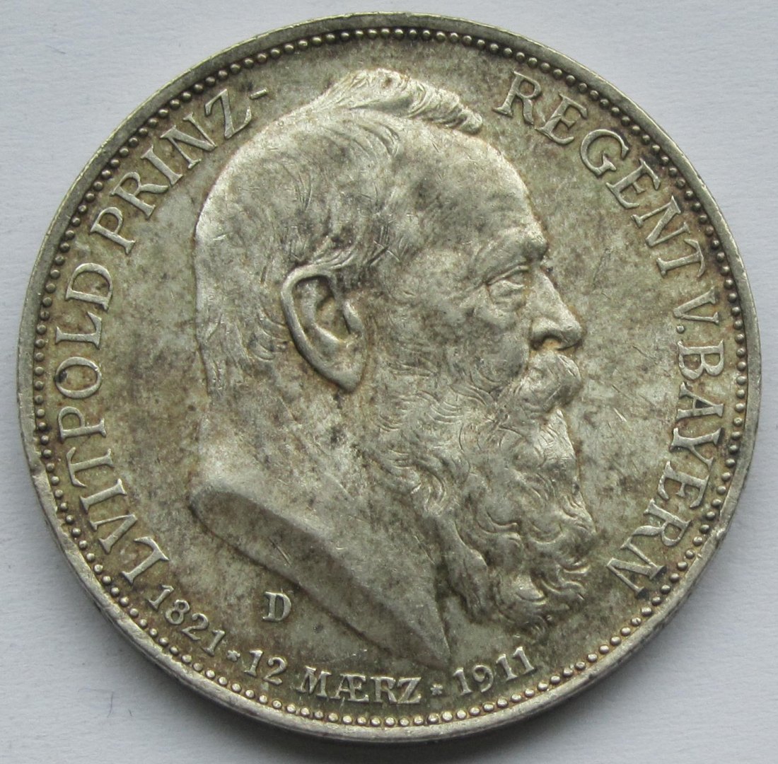  Kaiserreich: Bayern, 3 Mark Luitpold (Jaeger 49), 1911   
