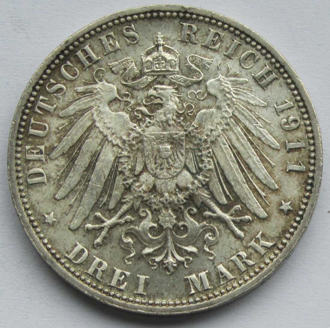  Kaiserreich: Bayern, 3 Mark Luitpold (Jaeger 49), 1911   