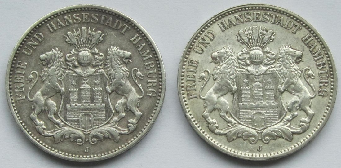  Kaiserreich: Hamburg, 3 Mark (Jaeger 64), 2 Stück (1909 + 1911)   
