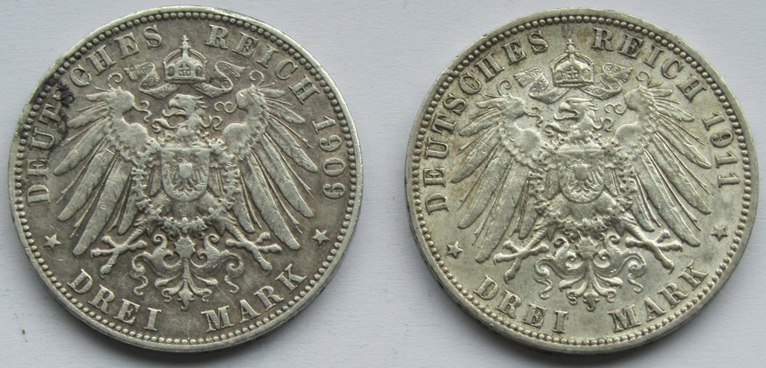  Kaiserreich: Hamburg, 3 Mark (Jaeger 64), 2 Stück (1909 + 1911)   