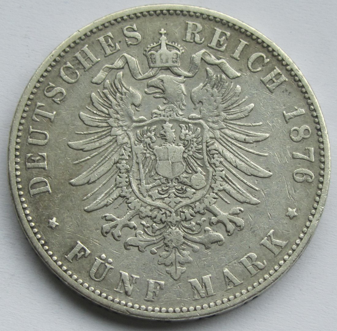  Kaiserreich: Hessen, 5 Mark Ludwig III. (Jaeger 67), 1876   