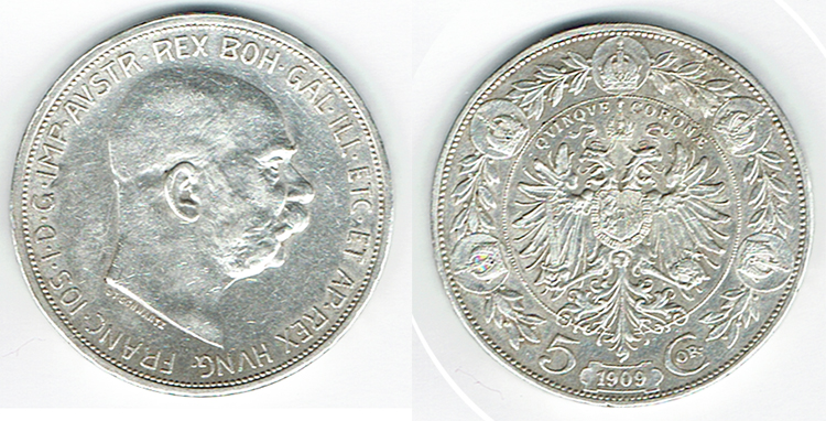  SZAIVERT KAISERREICH ÖSTERREICH FRANZ JOSEPH 5 KRONEN 1909 SCHWARTZ   