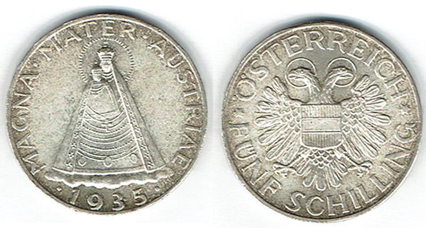  SZAIVERT 1. REPUBLIK BUNDESSTAAT ÖSTERREICH 5 SCHILLING 1935   