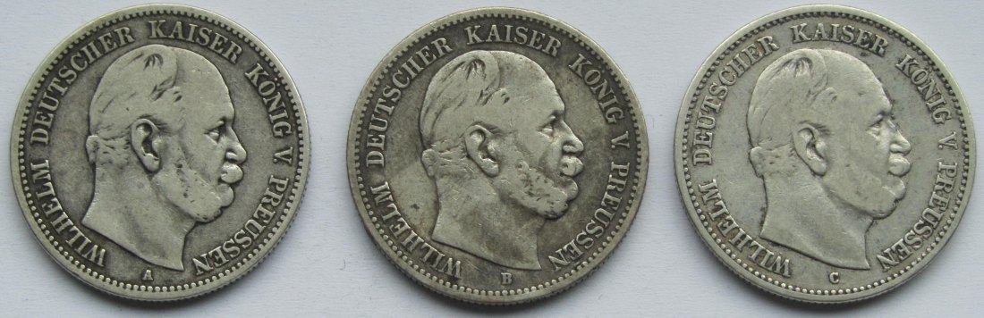  Kaiserreich: Preußen, 2 Mark Wilhelm I. (Jaeger 96), 3 Stück (1876 A + B + C)   