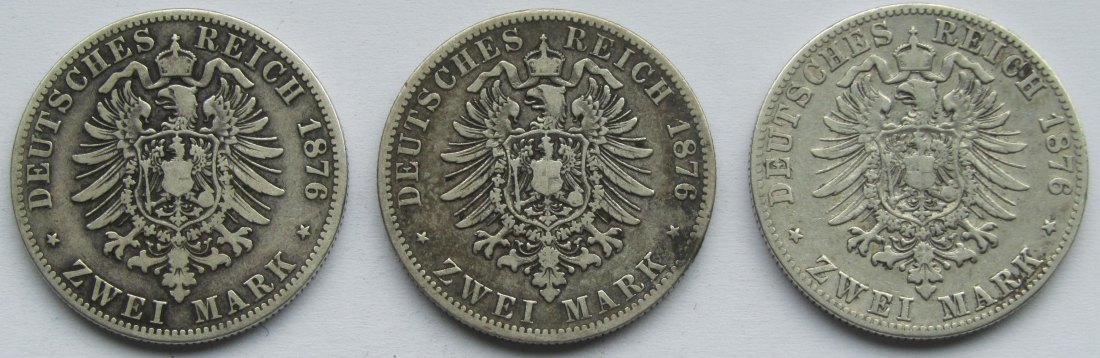 Kaiserreich: Preußen, 2 Mark Wilhelm I. (Jaeger 96), 3 Stück (1876 A + B + C)   