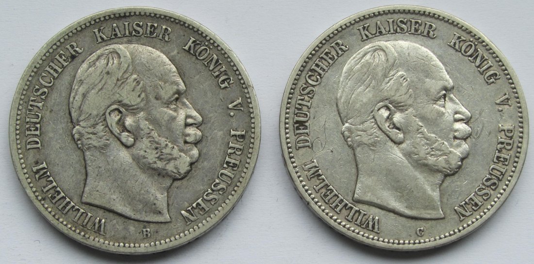  Kaiserreich: Preußen, 5 Mark Wilhelm I. (Jaeger 97), 2 Stück (1875 B + 1876 C)   