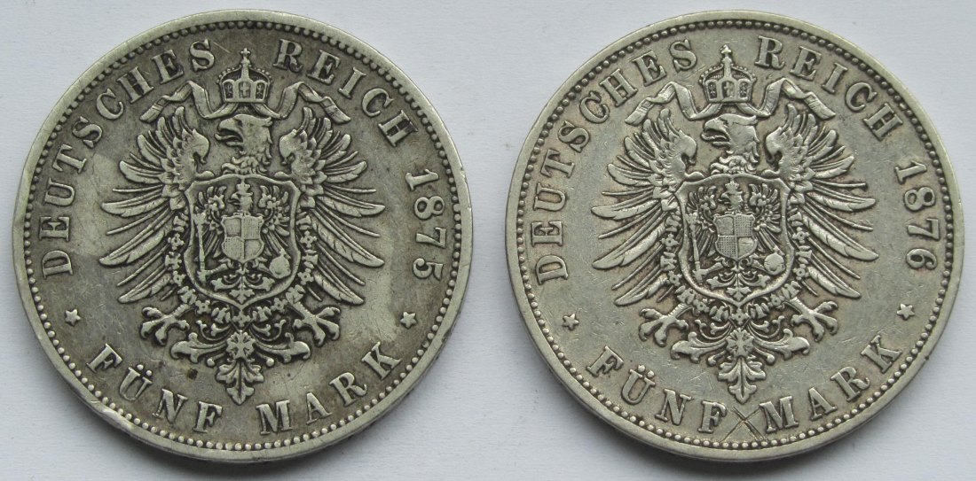  Kaiserreich: Preußen, 5 Mark Wilhelm I. (Jaeger 97), 2 Stück (1875 B + 1876 C)   