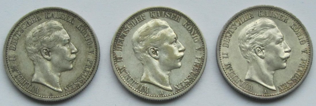  Kaiserreich: Preußen, 2 Mark Wilhelm II. (Jaeger 102), 3 Stück (1903 + 1905 + 1907)   
