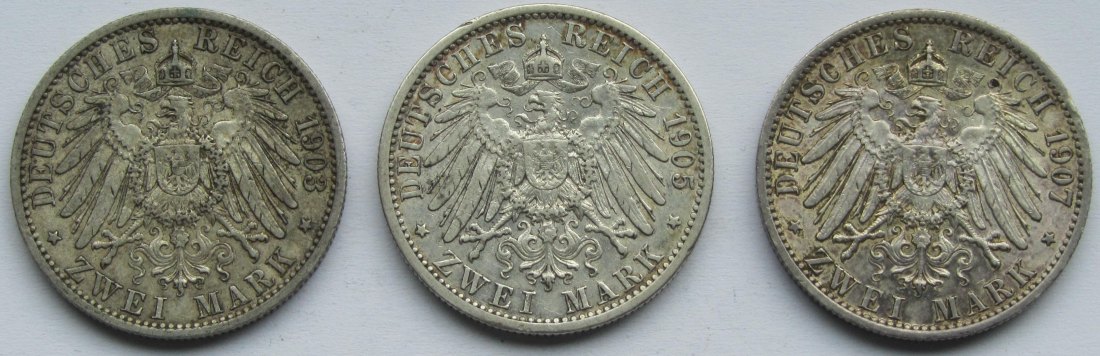  Kaiserreich: Preußen, 2 Mark Wilhelm II. (Jaeger 102), 3 Stück (1903 + 1905 + 1907)   