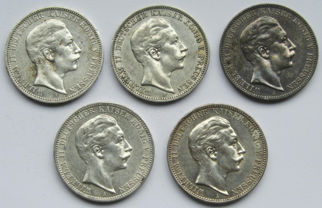  Kaiserreich: Preußen, 3 Mark Wilhelm II. (Jaeger 103), 5 Stück (1908-1912)   