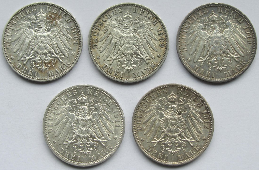  Kaiserreich: Preußen, 3 Mark Wilhelm II. (Jaeger 103), 5 Stück (1908-1912)   