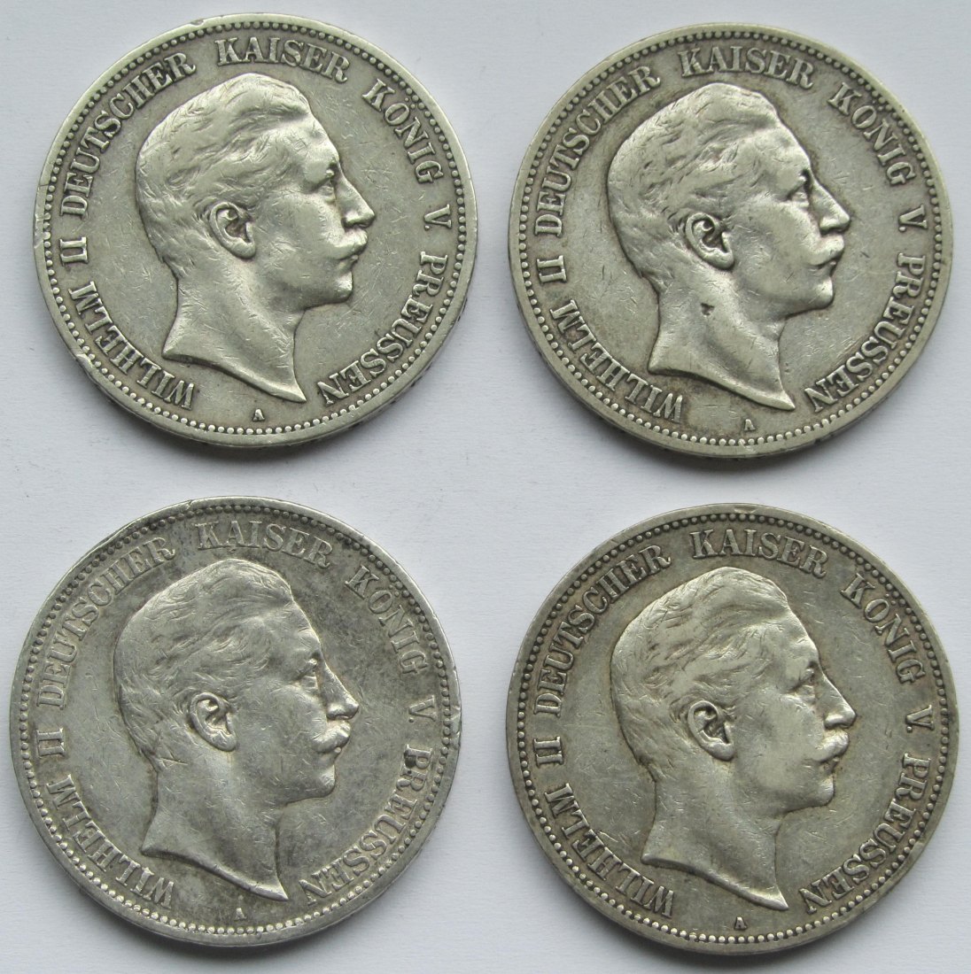  Kaiserreich: Preußen, 5 Mark Wilhelm II. (Jaeger 104), 4 Stück (1893 + 1894 + 1899 + 1903)   