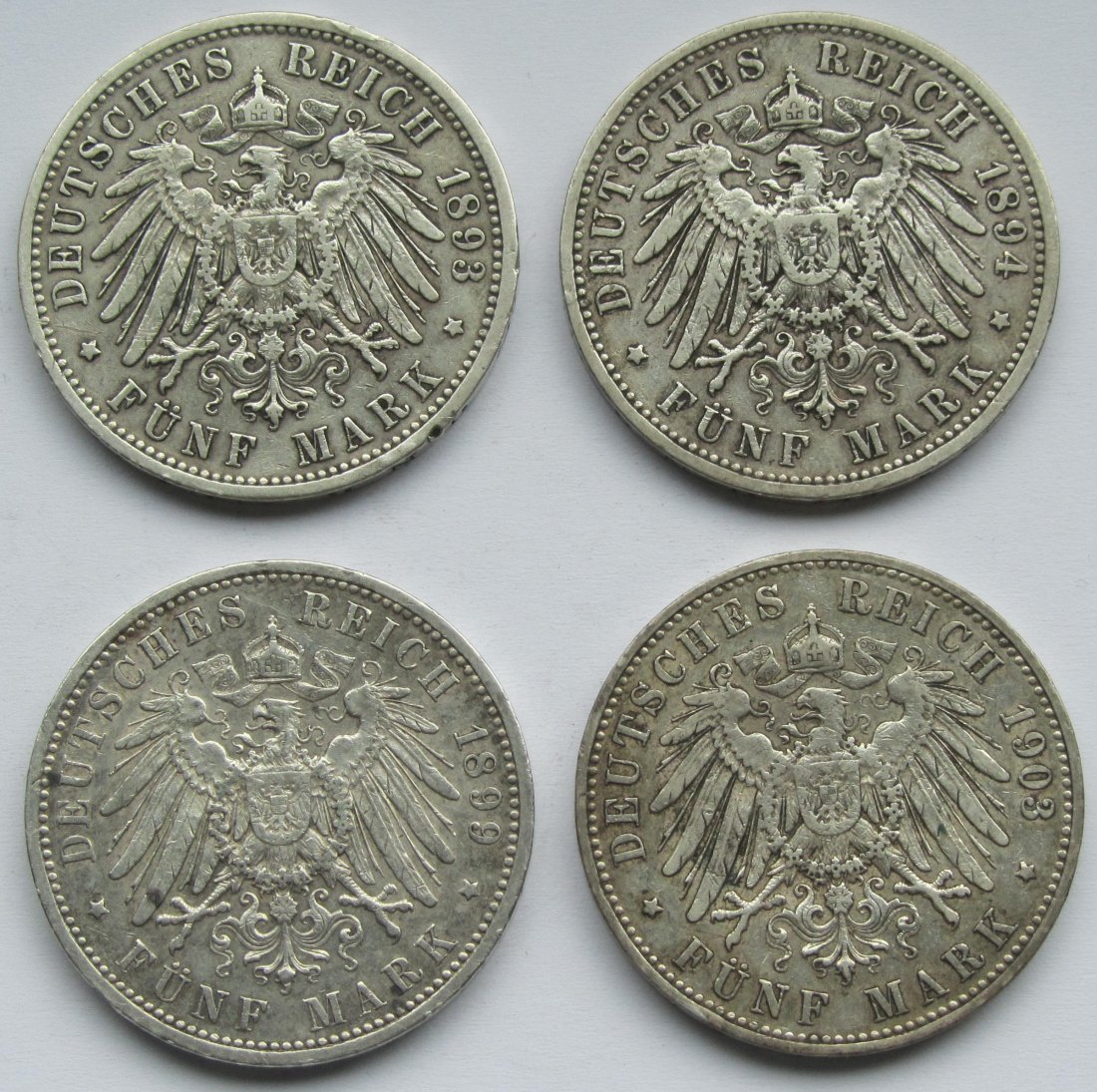  Kaiserreich: Preußen, 5 Mark Wilhelm II. (Jaeger 104), 4 Stück (1893 + 1894 + 1899 + 1903)   