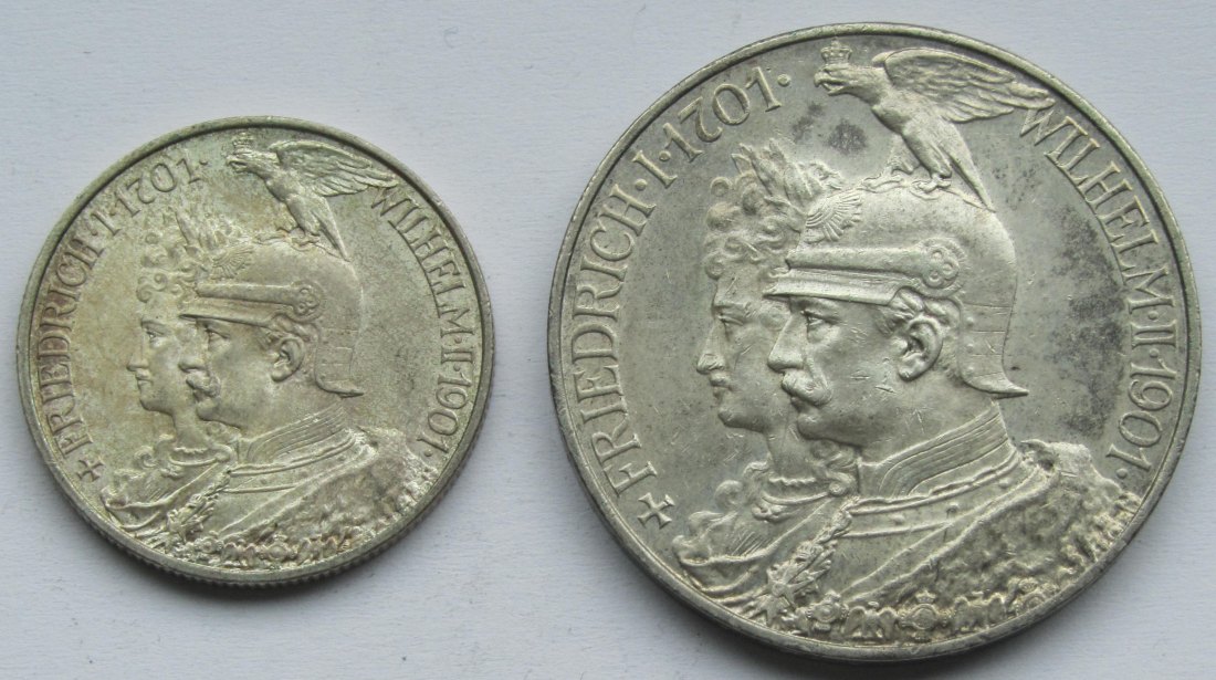  Kaiserreich: Preußen, 2 + 5 Mark 200 Jahre Königreich (Jaeger 105 + 106) 1901   