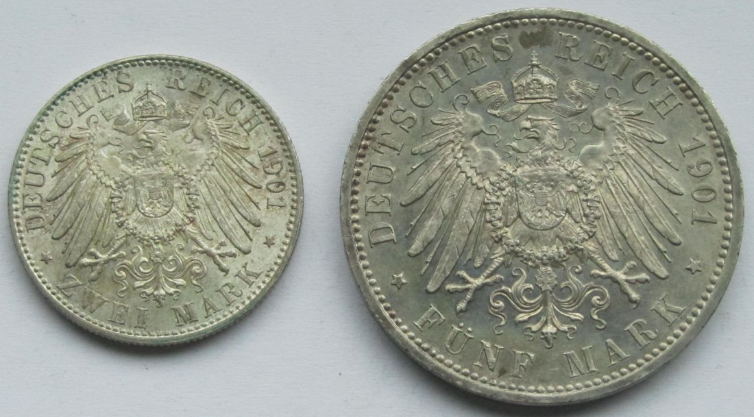  Kaiserreich: Preußen, 2 + 5 Mark 200 Jahre Königreich (Jaeger 105 + 106) 1901   