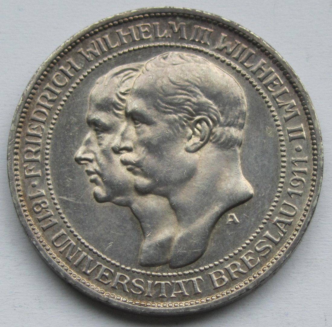  Kaiserreich: Preußen, 3 Mark Universität Breslau (Jaeger 108) 1911   