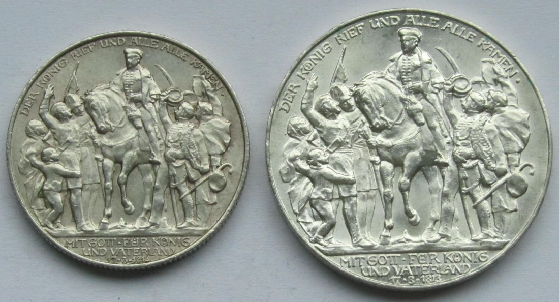  Kaiserreich: Preußen, 2 + 3 Mark Befreiungskriege (Jaeger 109 + 110), 1913   