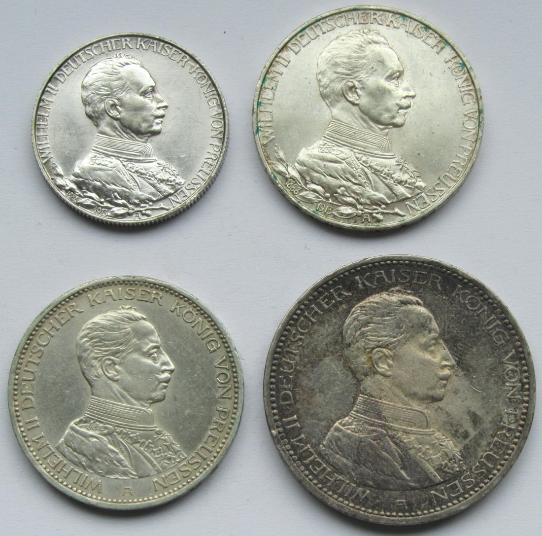  Kaiserreich: Preußen, 2 + 3 + 3 + 5 Mark Wilhelm II. in Uniform, 1913/1914   