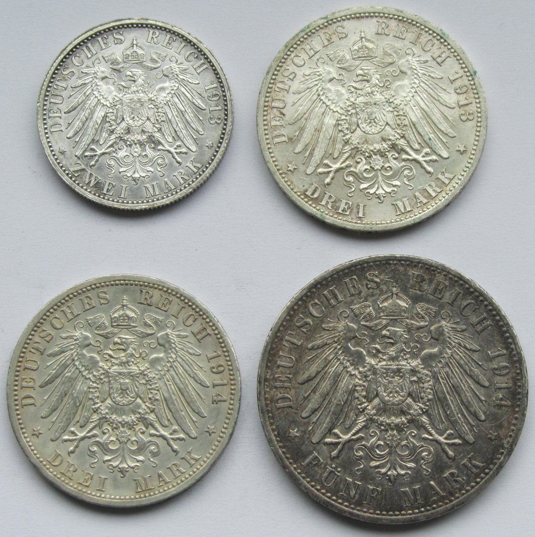  Kaiserreich: Preußen, 2 + 3 + 3 + 5 Mark Wilhelm II. in Uniform, 1913/1914   