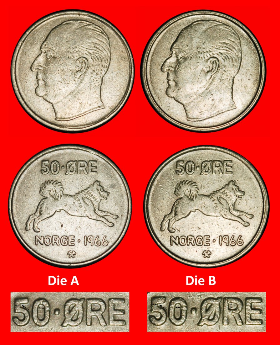  Ⰶ DOG (1958-1973): NORWAY★ 50 ORE 1966 2 DISCOVERY COINS! OLAV V (1957-1991)★LOW START ★ NO RESERVE!   
