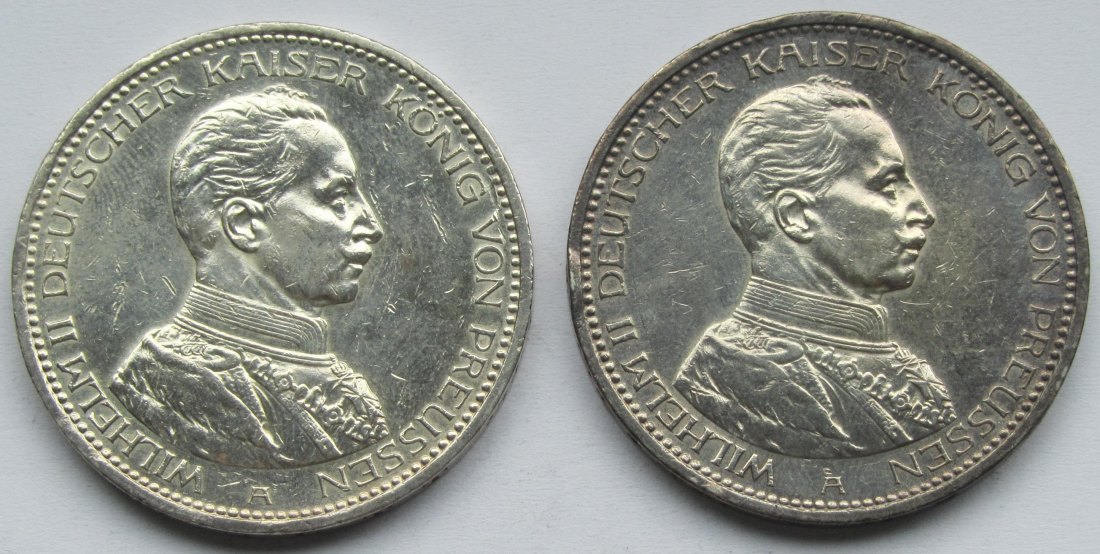  Kaiserreich: Preußen, 5 Mark Wilhelm II. in Uniform (Jaeger 114), 2 Stück (1913 + 1914)   