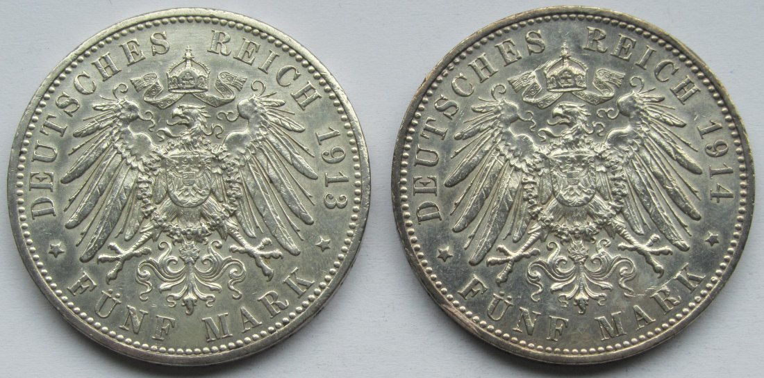  Kaiserreich: Preußen, 5 Mark Wilhelm II. in Uniform (Jaeger 114), 2 Stück (1913 + 1914)   