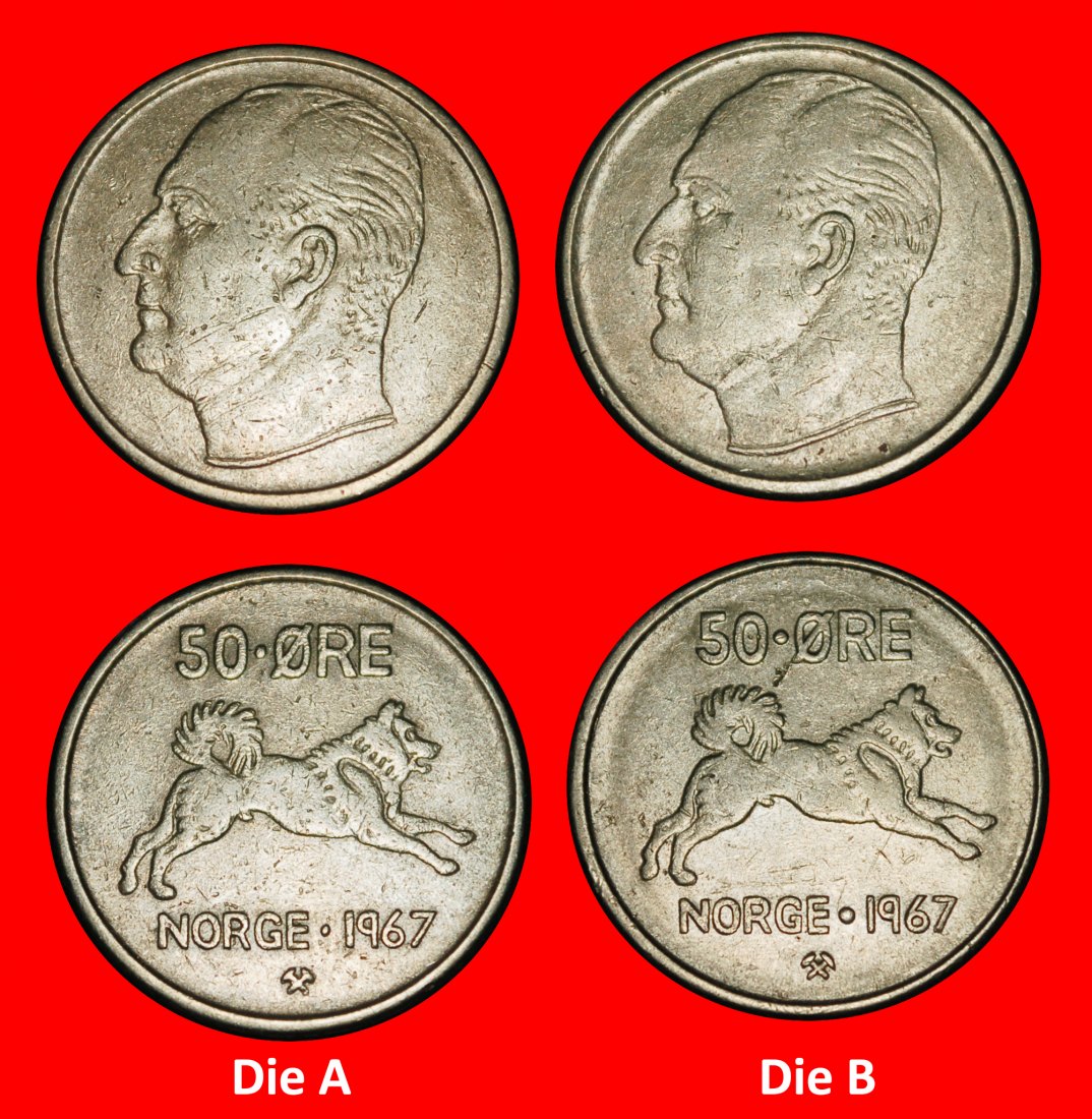  Ⰶ DOG (1958-1973): NORWAY★50 ORE 1967 2 COINS! PUBLISHED! OLAV V (1957-1991)★LOW START ★ NO RESERVE!   