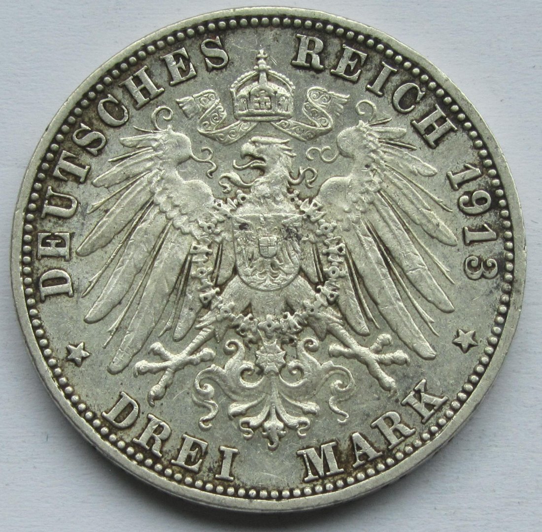  Kaiserreich: Sachsen-Meiningen, 3 Mark Georg II. (Jaeger 152), 1913   